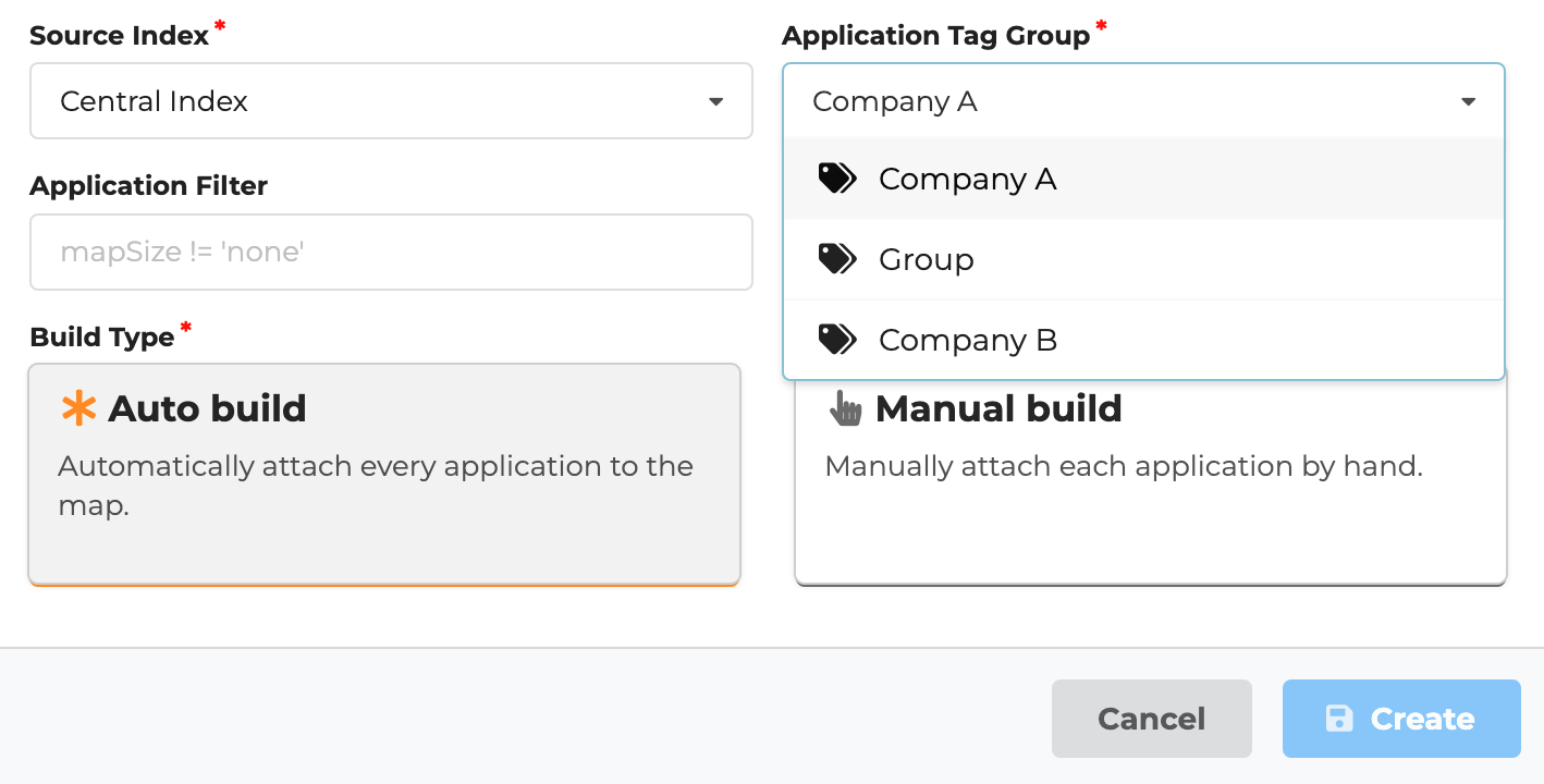 Map creation form limiting map to applications tagged with tag group Company A