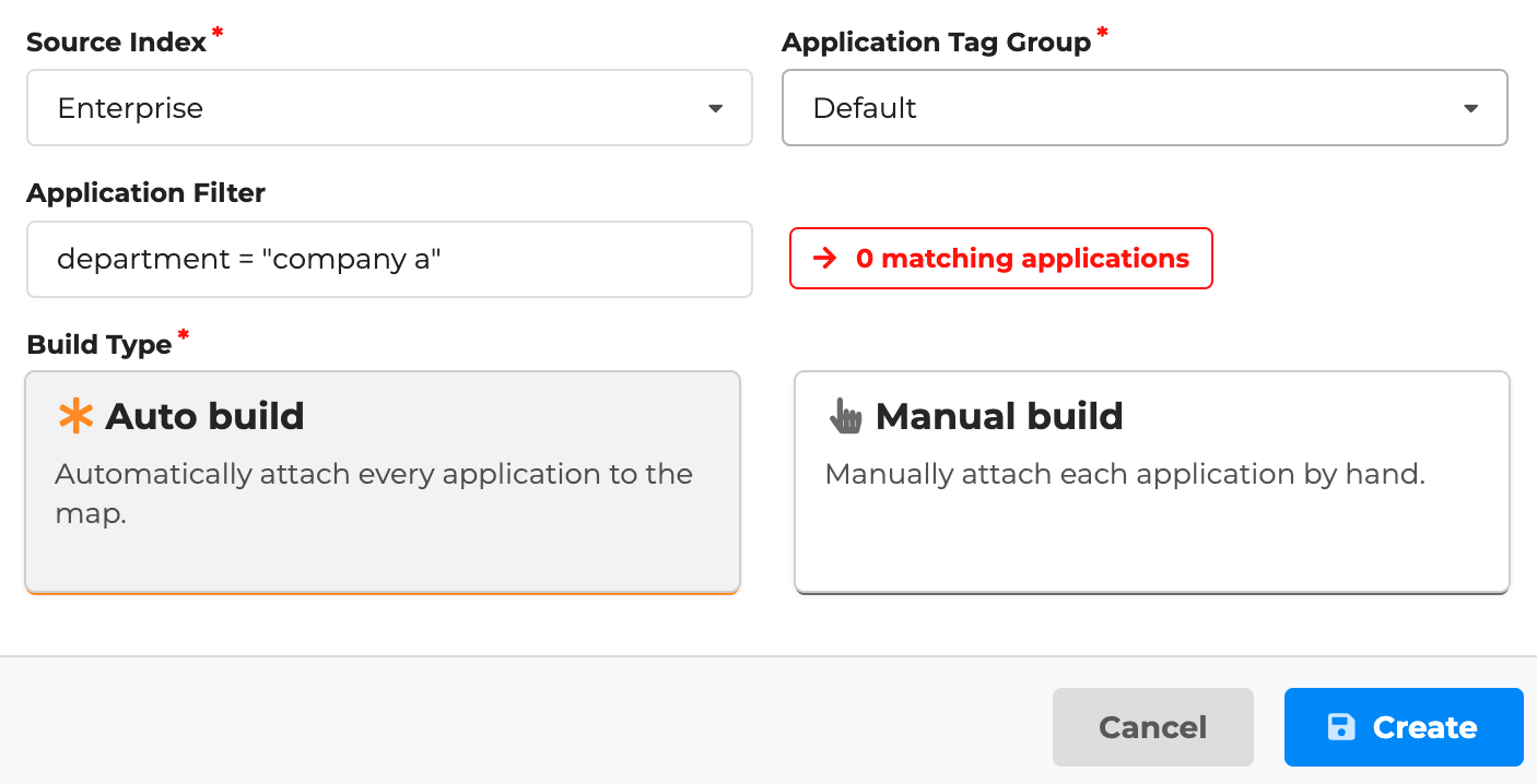 Map creation form limiting map to applications that match Application Filter