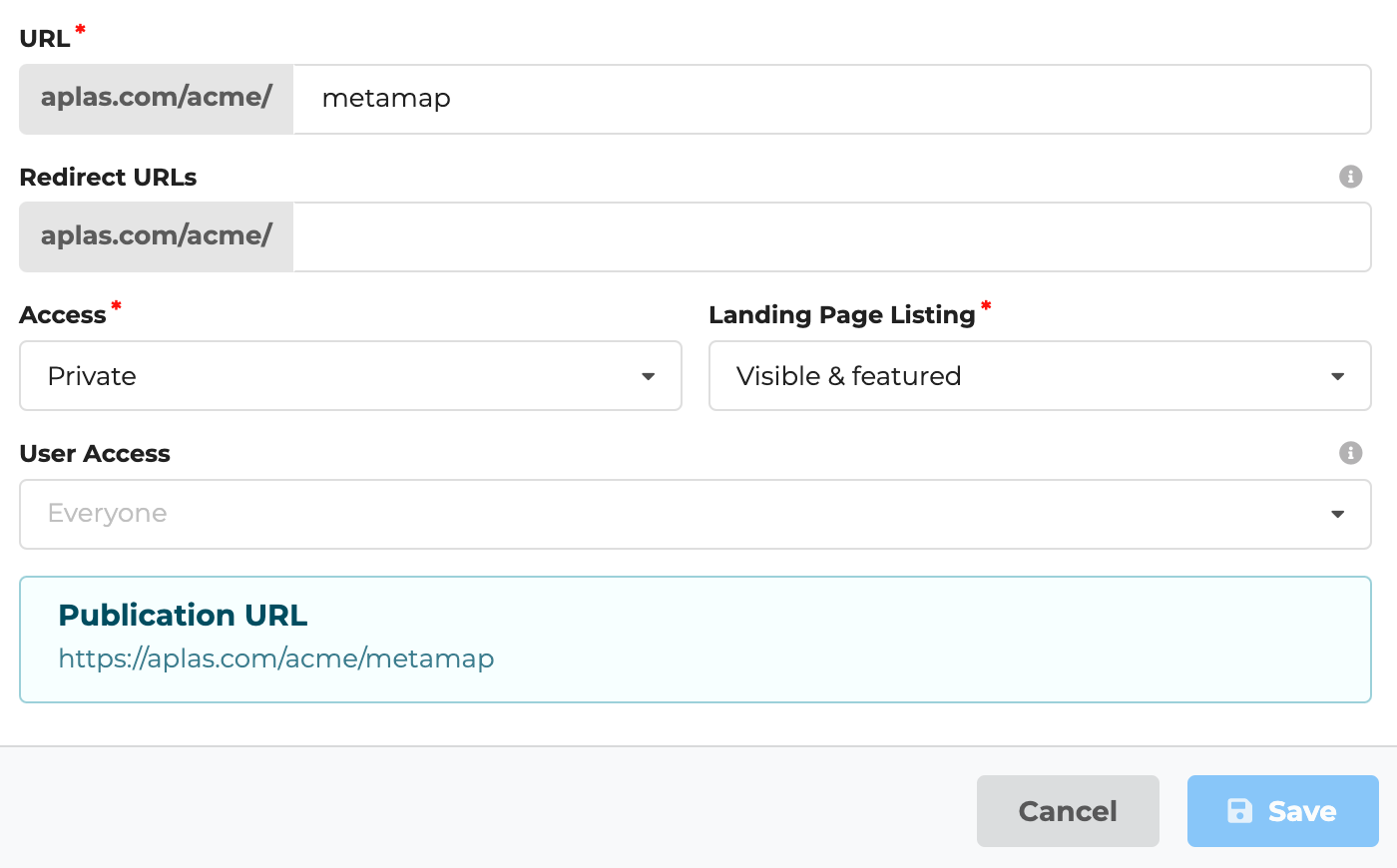 Publication settings screen, allowing access to everyone and including in a featured location on the acme landing page