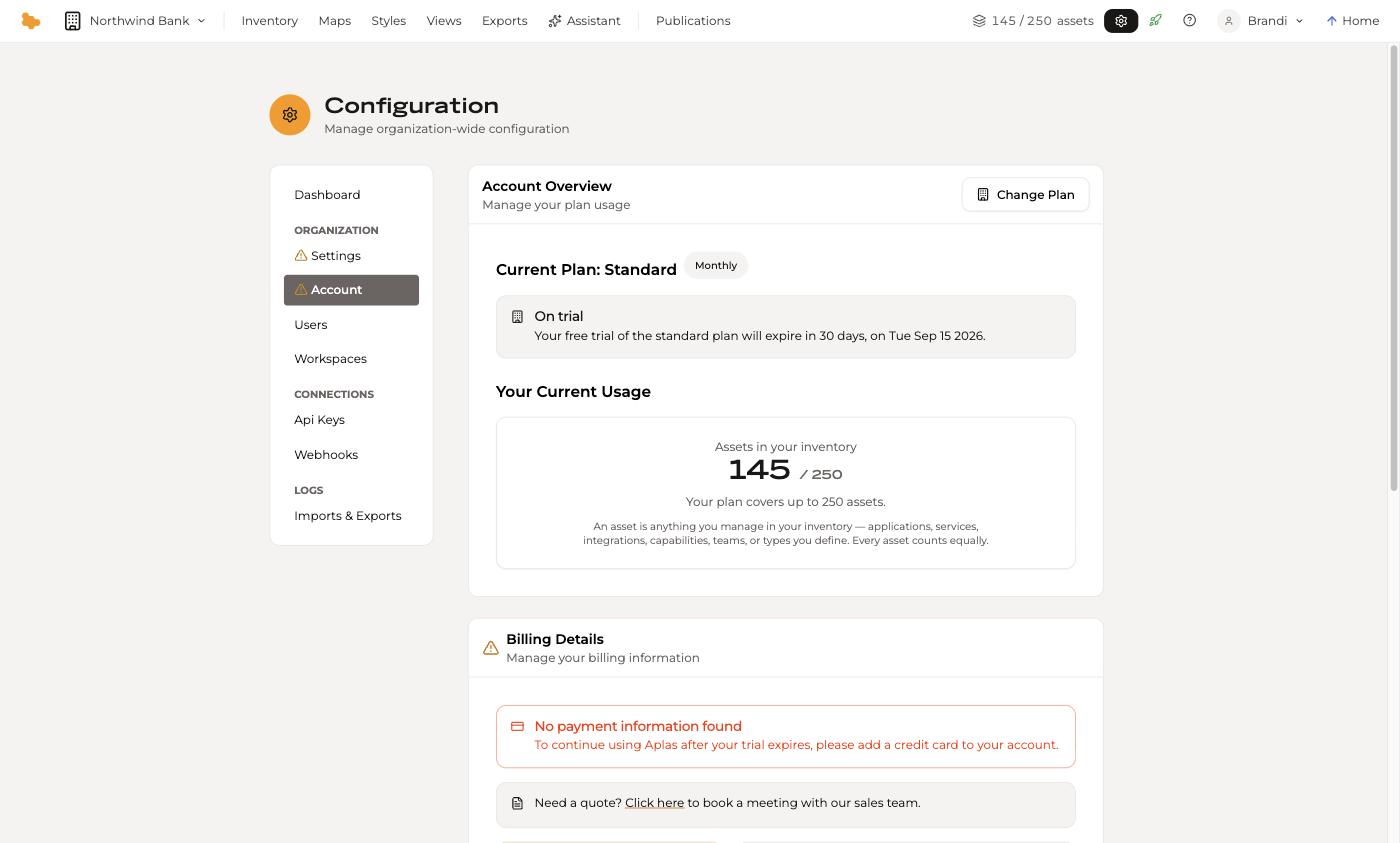 Account Overview, showing the current plan, trial status and asset usage