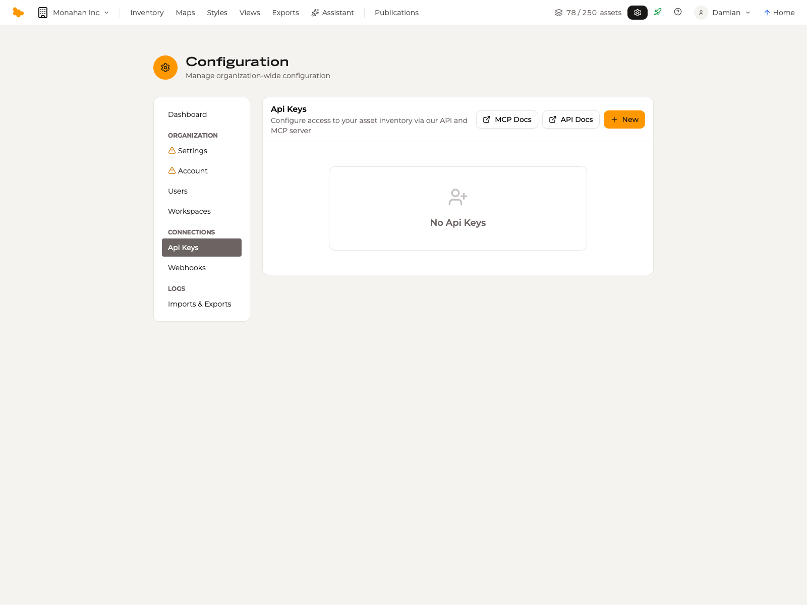 The Api Keys page, with buttons linking to the MCP and API references