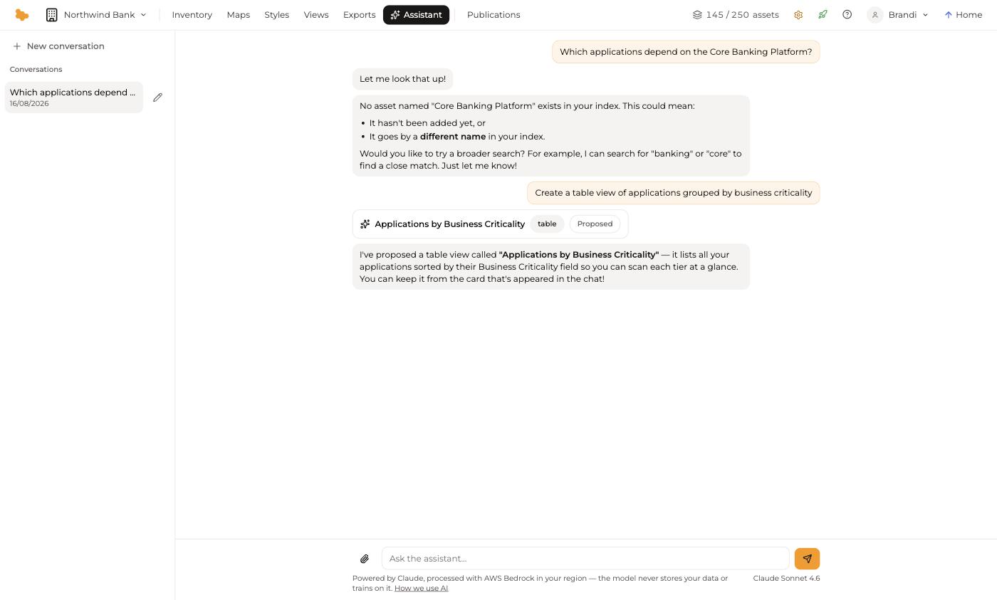A conversation with the assistant, ending in a proposed table view marked Proposed