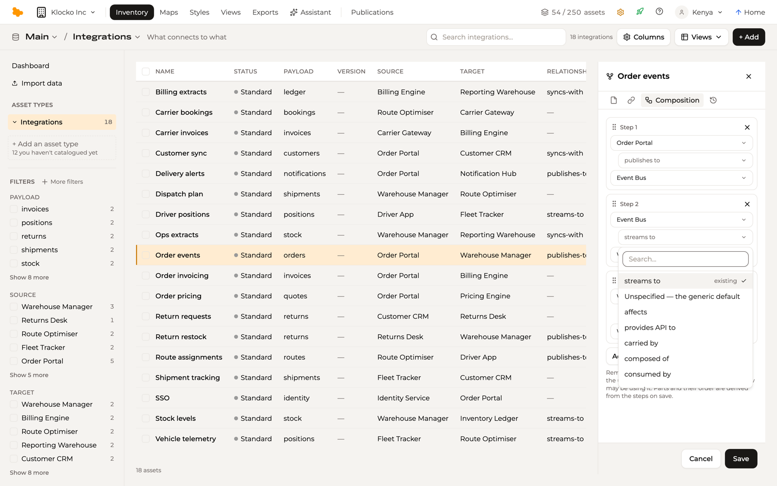 The steps editor on Order events: three rows of from, verb and to, with the verb picker on step 2 open — streams to marked existing, then Unspecified — the generic default and the other relationship types