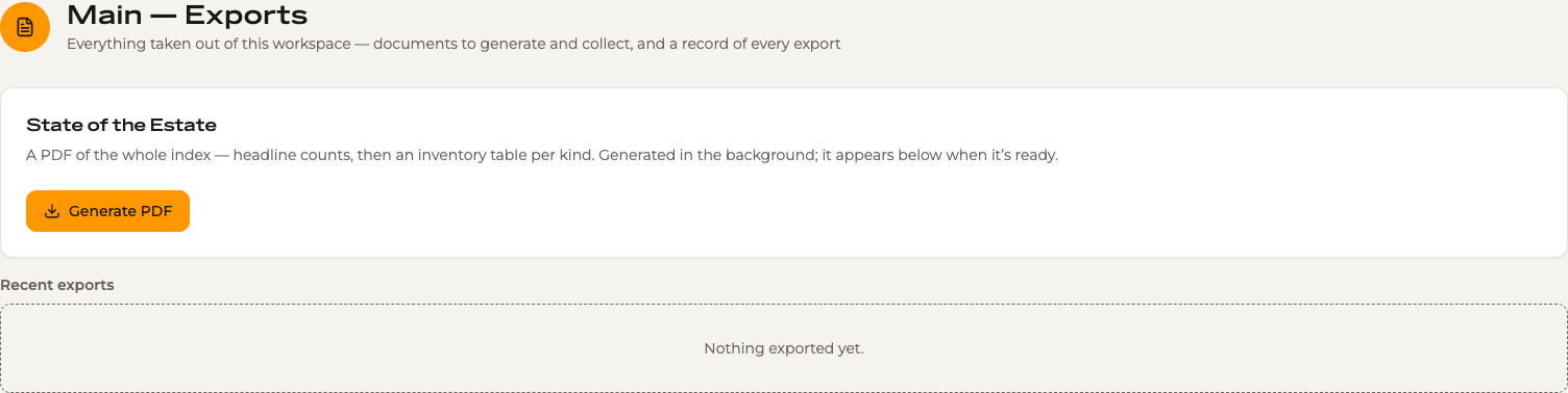 The Exports console, with the State of the Estate card above the record of recent exports