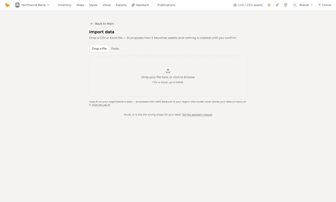 The Import data screen, offering a file drop and a paste tab