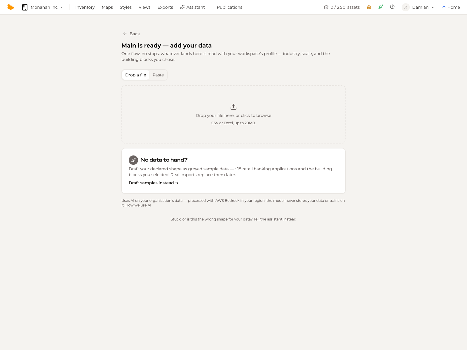 The Import data screen on a new workspace, offering a file drop, a paste tab, and drafting samples