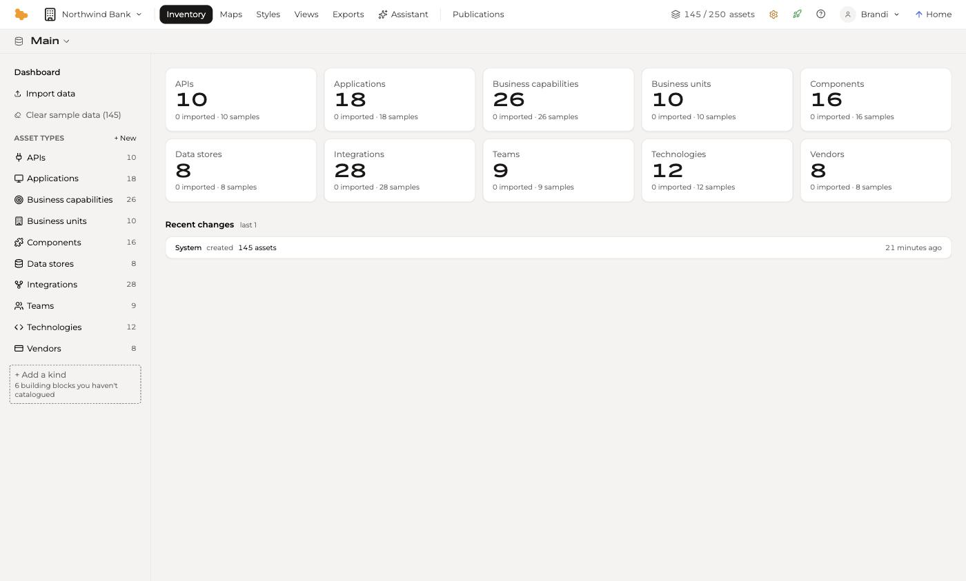 The Inventory dashboard, with a card per asset type and a recent-changes feed