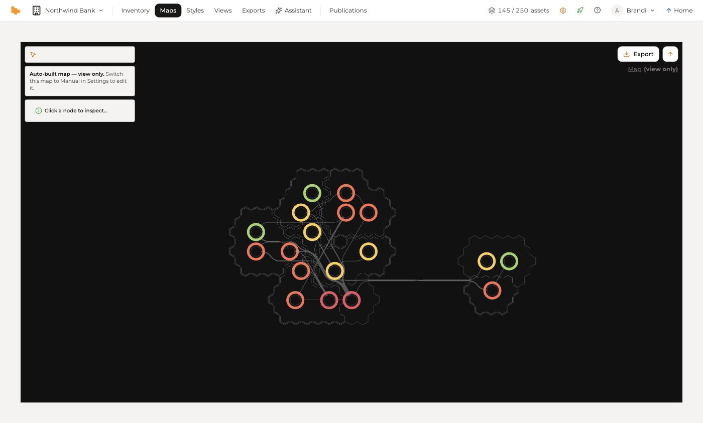 An auto-built map, with regions, nodes and the channels between them
