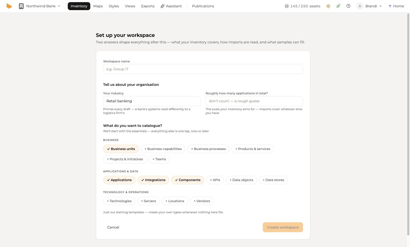 Creating a workspace — a name, the scale, and which asset types to start with