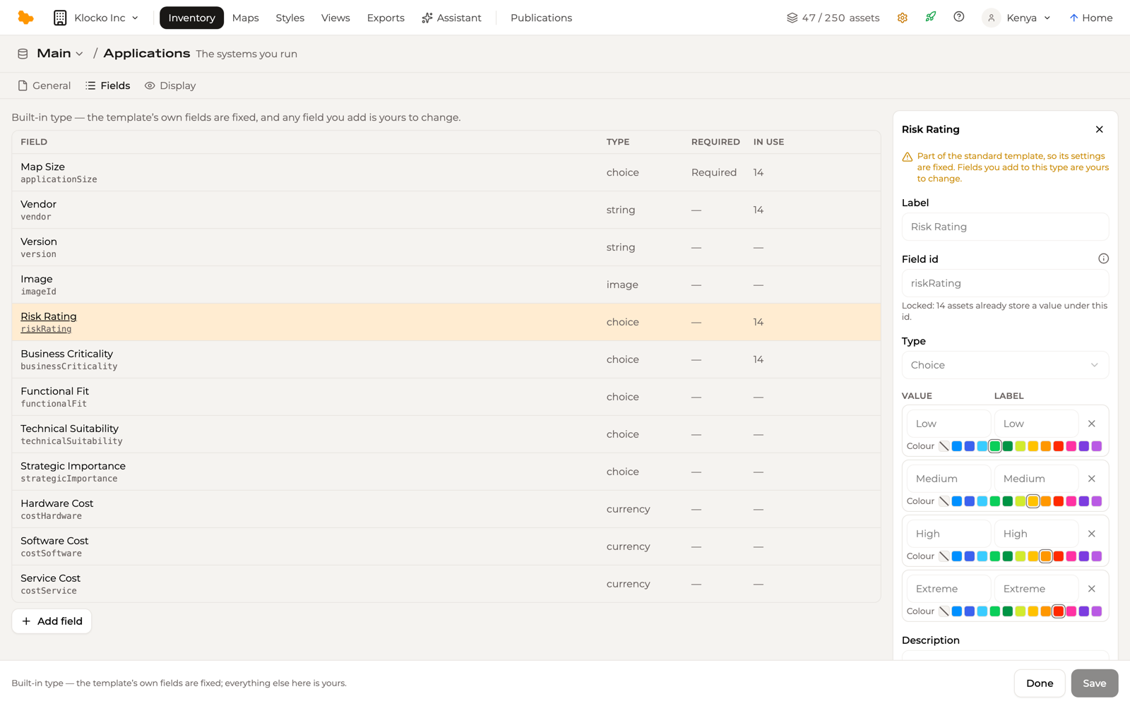 The Risk Rating field open in the Applications type's field settings drawer, each option with its Colour row of swatches — Low green, Medium yellow, High tangerine, Extreme red