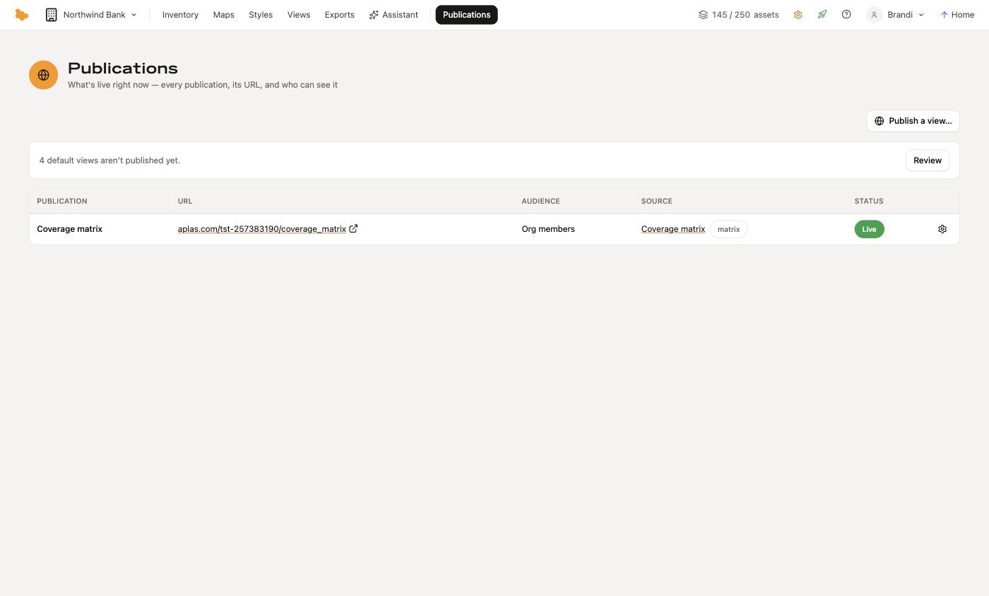 The Publications list, showing a live publication with its URL, audience and source view