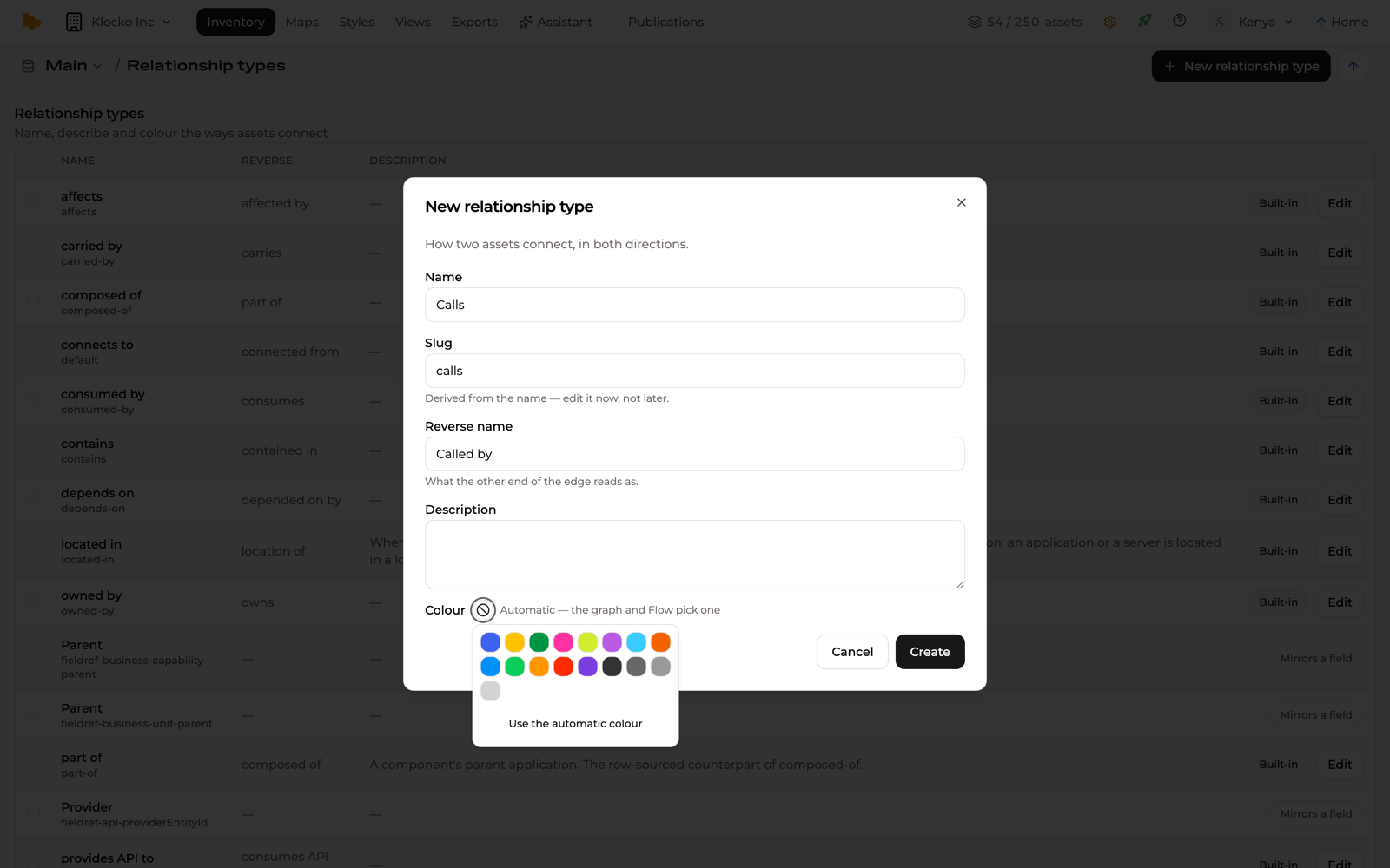 The New relationship type dialog: Name Calls, Slug calls, Reverse name Called by, Description, and the Colour swatch with its palette open above Use the automatic colour