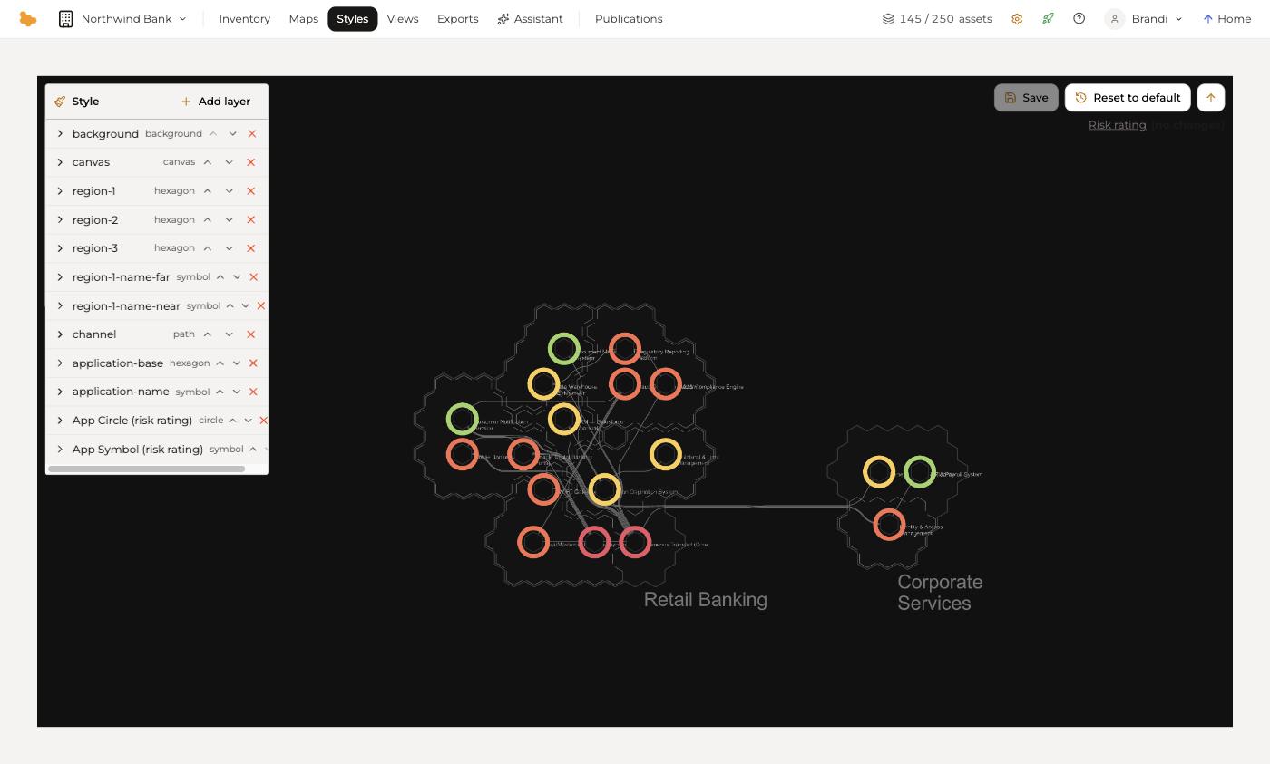 The style designer, with the layer stack on the left and the map coloured by risk rating