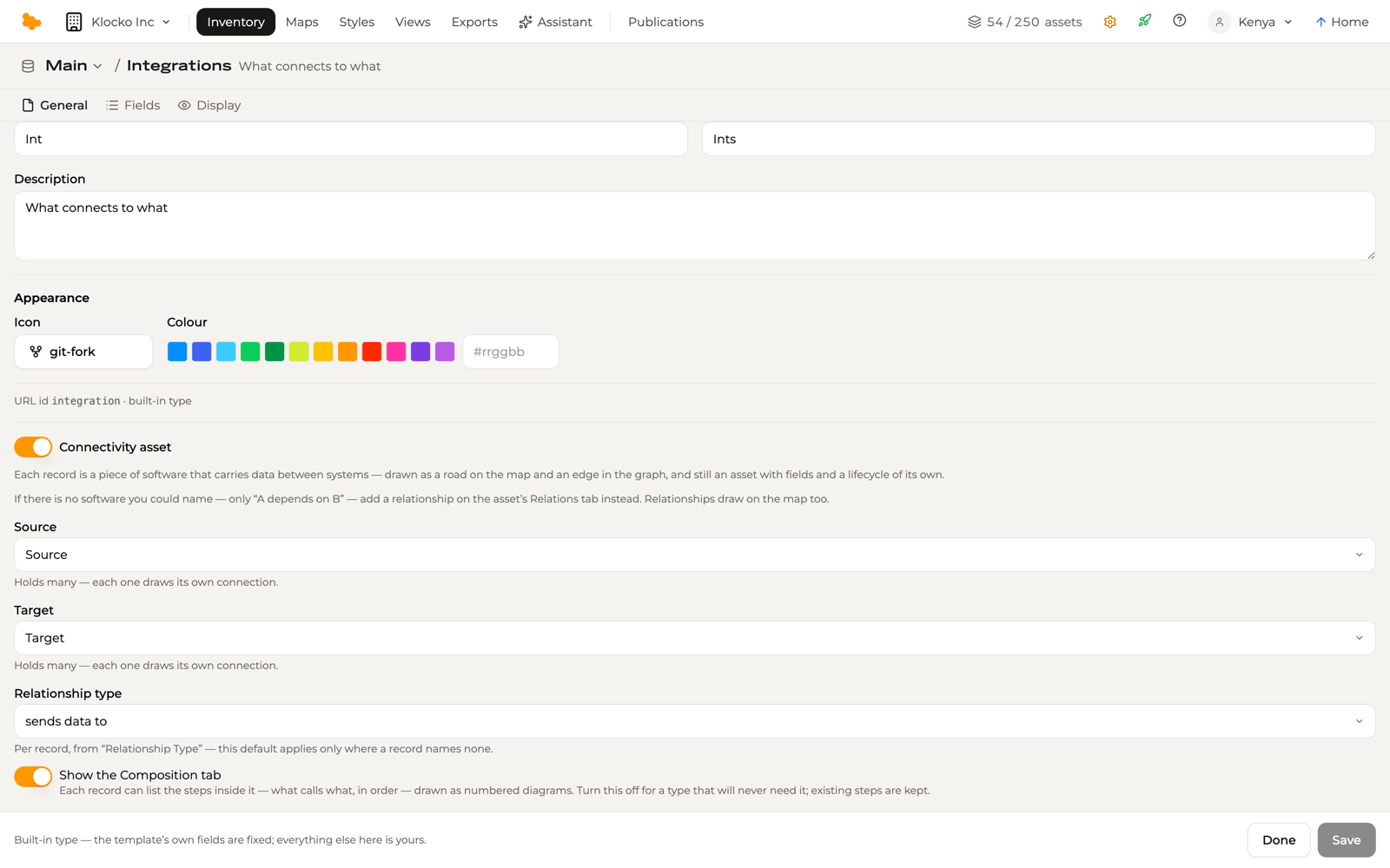 The Connectivity asset section of the Integrations type's General settings: the switch on, Source and Target chosen from the type's relation fields, the Relationship type default set to sends data to, and the Show the Composition tab toggle