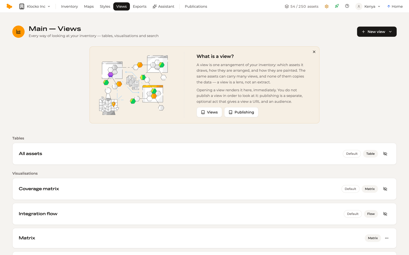 The Views hub: All assets under Tables, and Coverage matrix and Integration flow marked Default under Visualisations beside a saved Matrix view