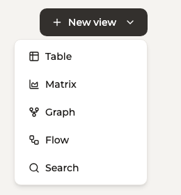 The New view menu, offering Table, Matrix, Graph, Flow and Search